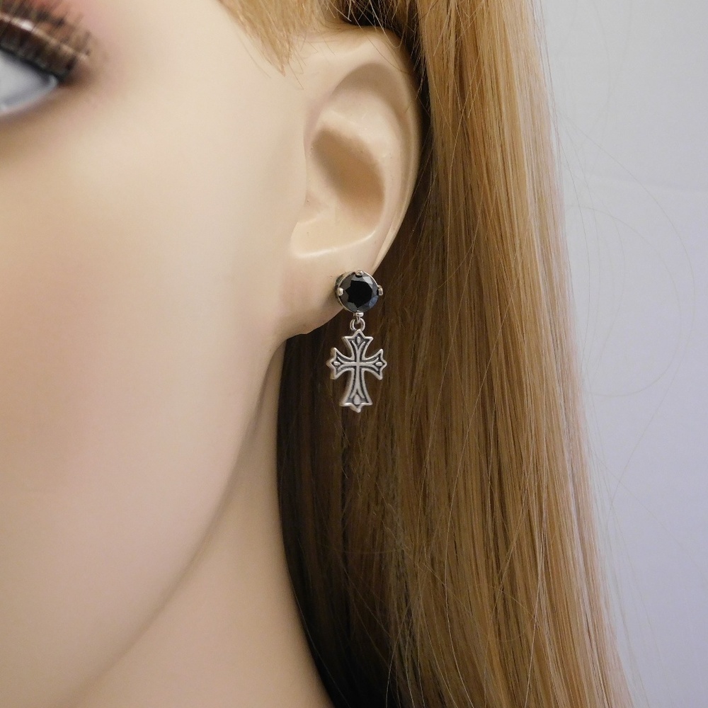 Black Diamond Gothic Cross 925 Silver Earrings